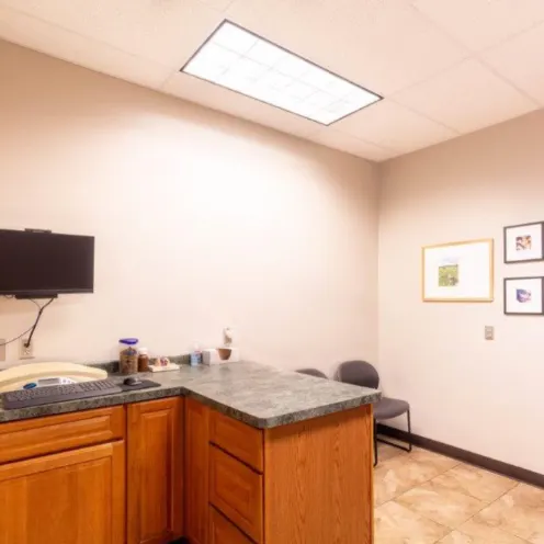 A photo of an exam room at Dunes Animal Hospital